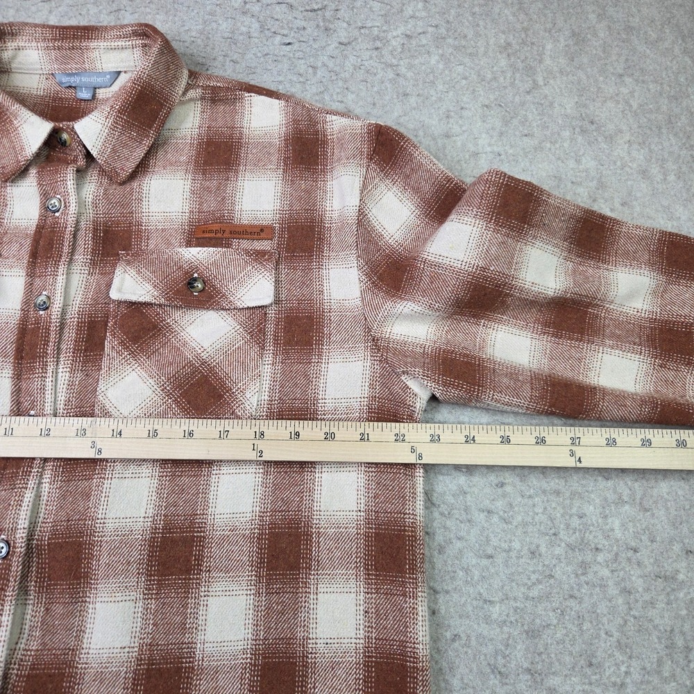 Simply Southern Flannel Shirt Women L Brown Plaid Long Sleeve Button Heavyweight - Picture 9 of 11
